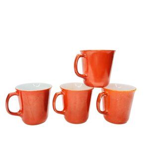 VTG Set 4 Corning Pyrex BURNT ORANGE & WHITE 10 oz Coffee Mugs w/D-Handle